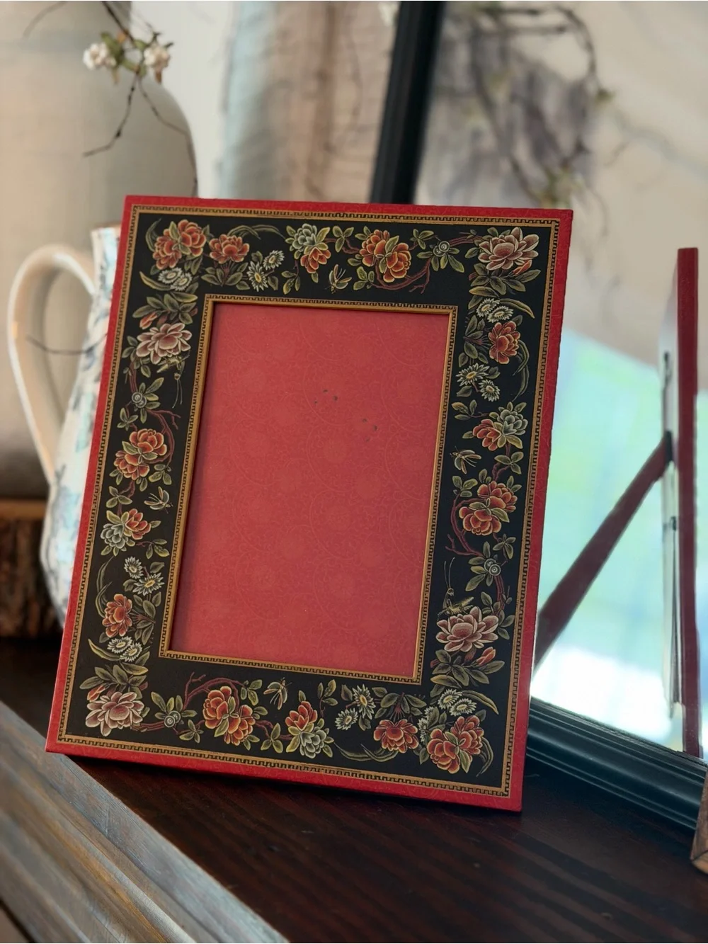Punch Studio 8x10 Floral Decorative Photo Frame. Easel Back | Red/Black